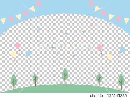 春季市場宣傳單的橫向背景：留有天空、花圈和氣球的文字空間 136145286