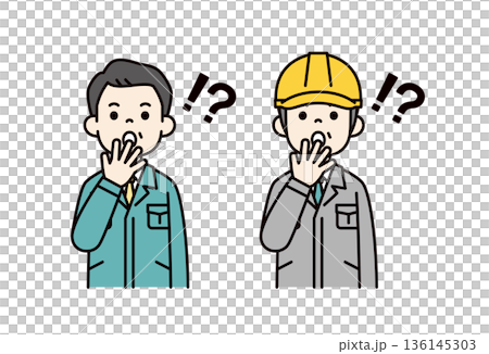 A vector illustration set of a factory manager, manager, president and site supervisor wearing a helmet with a surprised expression 136145303