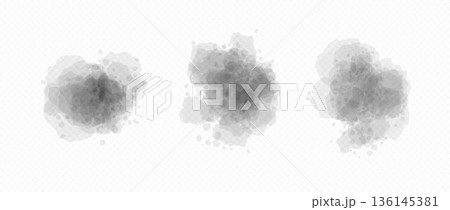 Grey blobs set in watercolor style. Soft black watercolour texture splash effects. Round ink or paint brush shape element collection. Abstract liquid color splatters, spots, stains and drops. Vector 136145381