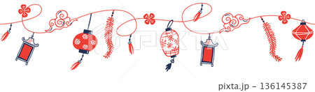 Seamless Chinese New Year lantern border with hanging ornaments, firecrackers and clouds in Chinese style, red and blue colors on transparent background. 136145387