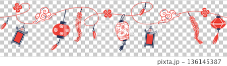 Seamless Chinese New Year lantern border with hanging ornaments, firecrackers and clouds in Chinese style, red and blue colors on transparent background. 136145387