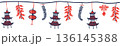 Seamless Chinese New Year lantern border with hanging ornaments, and firecrackers in Chinese style, red and blue color tones on transparent background. 136145388