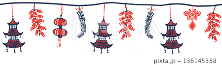 Seamless Chinese New Year lantern border with hanging ornaments, and firecrackers in Chinese style, red and blue color tones on transparent background. Seamless Chinese New Year lantern border with hanging ornaments, and firecrackers in Chinese style, red and blue color tones on transparent background. 136145388