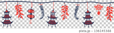 Seamless Chinese New Year lantern border with hanging ornaments, and firecrackers in Chinese style, red and blue color tones on transparent background. Seamless Chinese New Year lantern border with hanging ornaments, and firecrackers in Chinese style, red and blue color tones on transparent background. 136145388