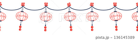 Seamless Chinese New Year lantern border with hanging ornaments in Chinese style, red and blue colors on transparent background. 136145389