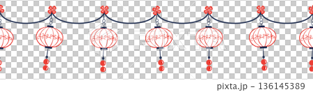 Seamless Chinese New Year lantern border with hanging ornaments in Chinese style, red and blue colors on transparent background. 136145389