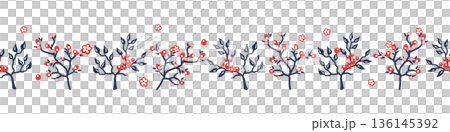 Seamless Chinese New Year border with trees in Chinese style, red and blue colors on transparent background. Seamless Chinese New Year border with trees in Chinese style, red and blue colors on transparent background. 136145392