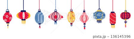 Chinese New Year lantern hanging ornaments in colorful colors isolated on transparent background. Chinese New Year lantern hanging ornaments in colorful colors isolated on transparent background. 136145396