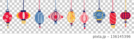 Chinese New Year lantern hanging ornaments in colorful colors isolated on transparent background. Chinese New Year lantern hanging ornaments in colorful colors isolated on transparent background. 136145396