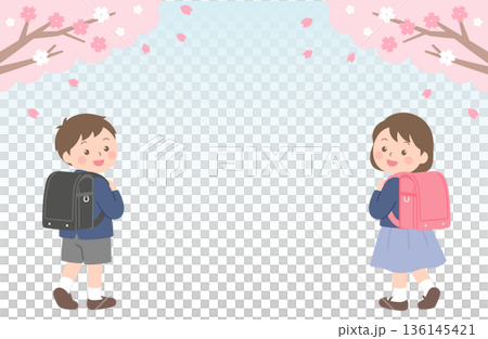一幅插圖，描繪了一年級的一對男孩女孩走在櫻花樹前。 136145421