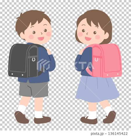 ランドセルを背負って振り向く新一年生の男女の子と女の子のイラスト ランドセルを背負って振り向く新一年生の男女の子と女の子のイラスト 136145422