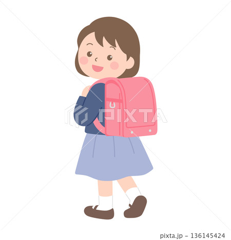 ランドセルを背負って振り向く新一年生の女の子のイラスト ランドセルを背負って振り向く新一年生の女の子のイラスト 136145424