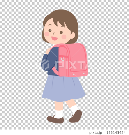 ランドセルを背負って振り向く新一年生の女の子のイラスト ランドセルを背負って振り向く新一年生の女の子のイラスト 136145424