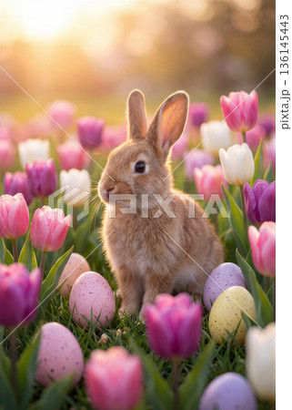 Cute Bunny and Colorful Easter Eggs Among Vibrant Spring Tulips at Sunset 136145443
