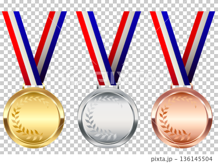 Tricolor gold, silver and bronze medal with ribbon and laurel wreath for Olympic Games Tricolor gold, silver and bronze medal with ribbon and laurel wreath for Olympic Games 136145504