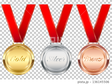 Gold, silver and bronze medal with red ribbon, laurel wreath and English letters 136145506