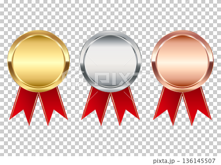 Gold, silver and bronze medals with red ribbons Gold, silver and bronze medals with red ribbons 136145507