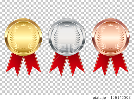 Gold, silver, and bronze medals with red ribbons and laurel wreaths and crowns Gold, silver, and bronze medals with red ribbons and laurel wreaths and crowns 136145508