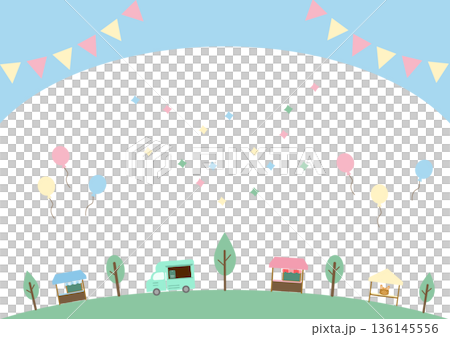 Horizontal background for spring market flyers: copy space for sky, garland, and balloons Horizontal background for spring market flyers: copy space for sky, garland, and balloons 136145556