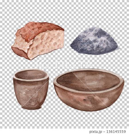 Clay bowl and cup, pile of ash and piece of bread watercolor illustration set isolated on white. Perfect for Lent season, Ash Wednesday design, church graphics, devotion layouts, spiritual reflection Clay bowl and cup, pile of ash and piece of bread watercolor illustration set isolated on white. Perfect for Lent season, Ash Wednesday design, church graphics, devotion layouts, spiritual reflection 136145559