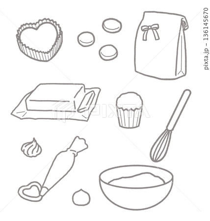 シンプルでかわいいお菓子作りの線画イラストセット 136145670