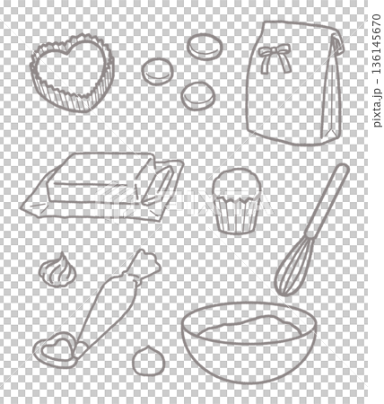 シンプルでかわいいお菓子作りの線画イラストセット 136145670
