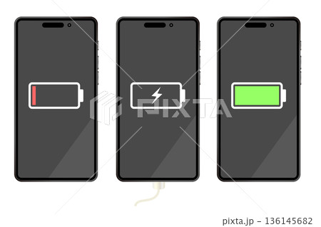 スマートフォンの充電の状態を表すイラストセット｜充電切れ・充電中・充電完了 136145682