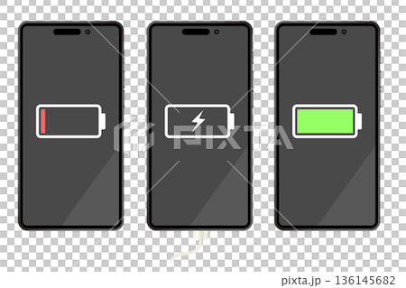 Illustration set showing smartphone charging status | Out of battery, charging, fully charged Illustration set showing smartphone charging status | Out of battery, charging, fully charged 136145682