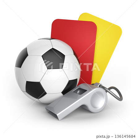 Yellow card, Red card and whistle on white background.	 136145684