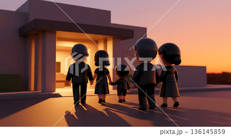 夕暮れ時に斎場へと向かう家族の後ろ姿 136145859