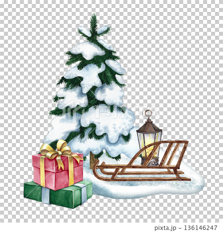 Christmas composition. Snow-covered Christmas tree, lantern on sled, and gift boxes. Hand-drawn watercolor illustration. For making Christmas and New Year postcards, posters, banners, and more. Christmas composition. Snow-covered Christmas tree, lantern on sled, and gift boxes. Hand-drawn watercolor illustration. For making Christmas and New Year postcards, posters, banners, and more. 136146247
