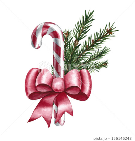 Christmas candy cane decorated with a red bow and fir twigs. Hand-drawn watercolor illustration. Isolate. Element of your design. Perfect for Christmas cards, posters, banners, packaging, and more. 136146248