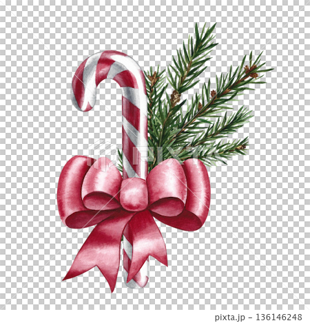 Christmas candy cane decorated with a red bow and fir twigs. Hand-drawn watercolor illustration. Isolate. Element of your design. Perfect for Christmas cards, posters, banners, packaging, and more. Christmas candy cane decorated with a red bow and fir twigs. Hand-drawn watercolor illustration. Isolate. Element of your design. Perfect for Christmas cards, posters, banners, packaging, and more. 136146248