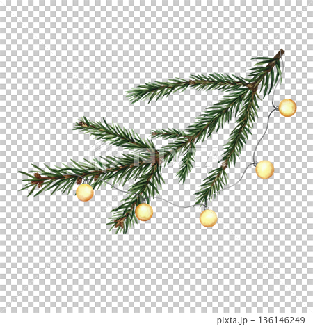Garland on a spruce branch. Hand-drawn watercolor illustration. Isolated. An element of your Christmas and New Year design for greeting cards, posters, banners, packaging, and more. Garland on a spruce branch. Hand-drawn watercolor illustration. Isolated. An element of your Christmas and New Year design for greeting cards, posters, banners, packaging, and more. 136146249