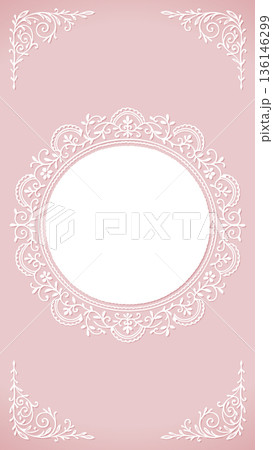 白いレースの円形フレームとピンクの縦長背景　SNSストーリーやスマホ壁紙用素材 136146299