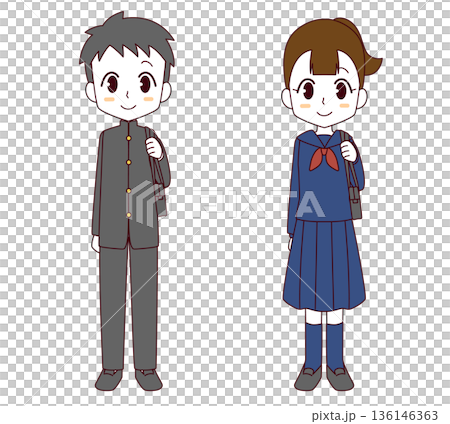一組插圖,描繪了身穿校服的男孩和身穿水手服的女孩。 一組插圖,描繪了身穿校服的男孩和身穿水手服的女孩。 136146363