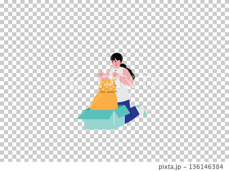 届いた商品の箱を開封する女性 136146384