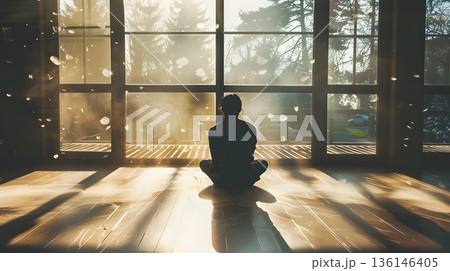 朝日差し込む窓辺に座る人 朝日差し込む窓辺に座る人 136146405
