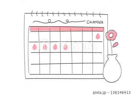 生理・月経の日を示したカレンダー|手書きのかわいい線画イラスト 生理・月経の日を示したカレンダー|手書きのかわいい線画イラスト 136146413