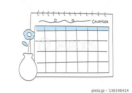 シンプルでかわいい線画のカレンダーと一輪挿しの花瓶 136146414