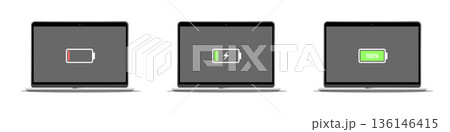 ノートパソコンの充電段階を表したイラストセット 136146415