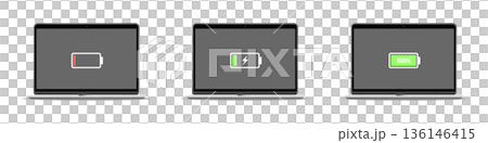 ノートパソコンの充電段階を表したイラストセット 136146415