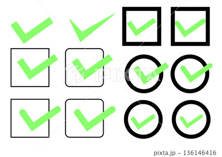 蛍光グリーンのチェックマーク・レ点のセット 136146416