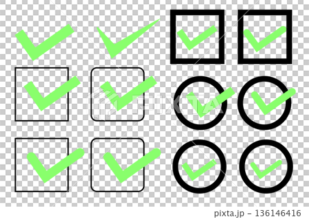 Set of fluorescent green check marks and ticks 136146416