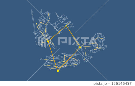 ネイビー色の背景に浮かぶ春のダイヤモンドのイラスト（星座の絵と星座線、ダイヤモンド線あり） 136146457