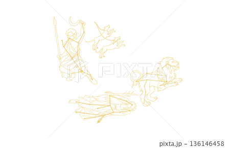 春のダイヤモンドの線画イラスト（ゴールド色で星座の絵と星座線、線のみ） 136146458