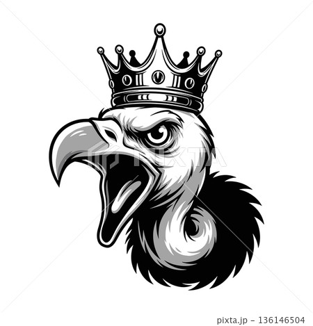 A bold black vector vulture head with open beak mascot wearing crown. A silhouette vulture Heads vector illustration A bold black vector vulture head with open beak mascot wearing crown. A silhouette vulture Heads vector illustration 136146504