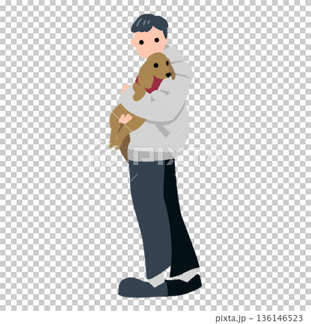 向量插圖，描繪了一名男子抱著一隻穿著狗衣服的迷你臘腸犬。 136146523