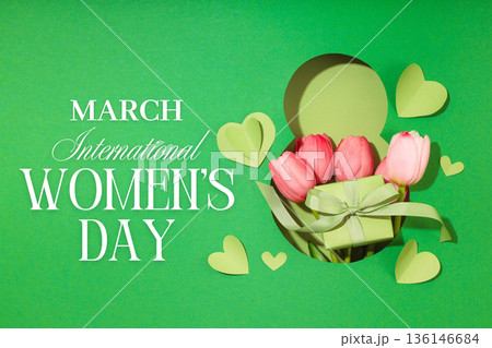 Pink flowers in a box with green hearts around them 136146684