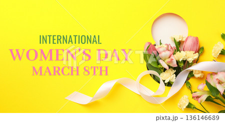A celebration of women with flowers and ribbons for March 8 136146689